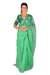 Gaurav Katta_Green Organza Embroidered Thread V-neck Bandhani Saree With Blouse _Online_at_Aza_Fashions