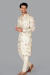 Shop_Gaurav Katta_Beige Tusser Silk Embroidered Kantha Kurta With Pant _at_Aza_Fashions