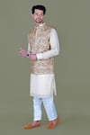 Shop_Gaurav Katta_Off White Italian Cotton Embroidered Kantha Nehru Jacket Set _Online_at_Aza_Fashions