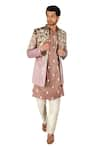 Gaurav Katta_Beige Italian Cotton Embroidered Floral Front-open Jacket Kurta Set _Online_at_Aza_Fashions