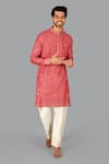 Buy_Gaurav Katta_Red Chanderi Embroidered Pearl Kurta And Pant Set _at_Aza_Fashions