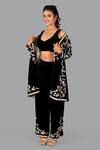 Buy_Gaurav Katta_Black Velvet Embroidered Thread Jacket Open Floral Pant Set 