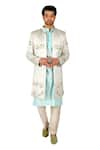 Gaurav Katta_White Italian Cotton Embroidered Thread Floral Open Sherwani Pant Set _Online_at_Aza_Fashions