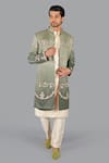 Buy_Gaurav Katta_Green Italian Cotton Hand Embroidered Anchor Sherwani Set _at_Aza_Fashions