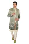 Gaurav Katta_Green Italian Cotton Hand Embroidered Anchor Sherwani Set _Online_at_Aza_Fashions