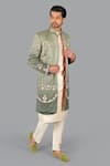 Shop_Gaurav Katta_Green Italian Cotton Hand Embroidered Anchor Sherwani Set _Online_at_Aza_Fashions