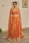 Shop_Apeksha Jain Label_Orange Chanderi Tissue Embroidered Zardozi Leaf Malhar Bird Lehenga Set _Online_at_Aza_Fashions