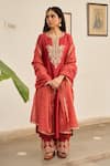 Buy_Apeksha Jain Label_Red Chanderi Hand Embroidery Paisley Notched Neck Kurta Pant Set _at_Aza_Fashions