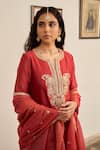 Buy_Apeksha Jain Label_Red Chanderi Hand Embroidery Paisley Notched Neck Kurta Pant Set 