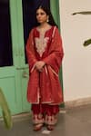 Shop_Apeksha Jain Label_Red Chanderi Hand Embroidery Paisley Notched Neck Kurta Pant Set 