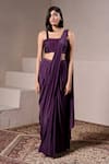 Buy_Parshya_Purple Saree Shimmer Satin Hand Embellished Cadbury Pre-draped With Blouse _at_Aza_Fashions