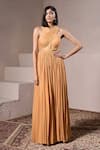 Buy_Parshya_Yellow Chinon Chiffon Hand Embellished Pearls Halter Alphonso Neck Draped Gown _at_Aza_Fashions