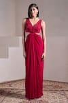 Buy_Parshya_Red Crepe Georgette Hand Embellished Beads V Berry Chic Yoke Gown _at_Aza_Fashions