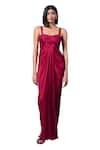 Parshya_Red Georgette Satin Hand Embellished Beads Berry Bold Yoke Gown _Online_at_Aza_Fashions