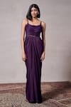 Buy_Parshya_Purple Shimmer Satin Solid Cowl Neck Cadbury Pleated Draped Gown _at_Aza_Fashions