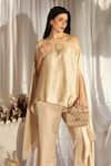 Buy_Tasuvure Indes_Gold Pleated Silk Placement Embroidery Sequins Leaf Cape With Pant  _Online_at_Aza_Fashions