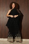 Buy_Tasuvure Indes_Black Pleated Georgette Embroidery Mirror Asymmetric Cape With Pant  _at_Aza_Fashions