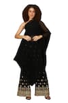 Tasuvure Indes_Black Pleated Georgette Embroidery Mirror Asymmetric Cape With Pant  _Online_at_Aza_Fashions