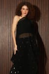 Shop_Tasuvure Indes_Black Pleated Georgette Embroidery Mirror Asymmetric Cape With Pant  _Online_at_Aza_Fashions