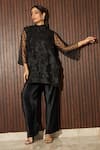 Buy_Tasuvure Indes_Black Net Embroidery Applique Floral Stand Collar Fragrant Tunic With Pant _at_Aza_Fashions