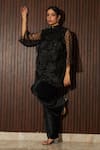 Tasuvure Indes_Black Net Embroidery Applique Floral Stand Fragrant Tunic With Pant  _Online_at_Aza_Fashions