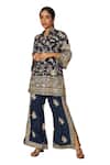 Tasuvure Indes_Blue Georgette Embroidery Floral Stand Collar Bloom Tunic With Pant _Online_at_Aza_Fashions