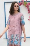 Tasuvure_Pink Cotton, Lace Embroidery Round Neck Myra Mesh Iris Blossom Short Dress_Online_at_Aza_Fashions