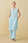 Buy_Grassroot By Anita Dongre_Blue Modal Silk Hand Block Printed Floral V Sunshade Kurta And Pant Set _at_Aza_Fashions