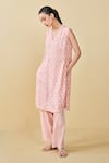 Buy_Grassroot By Anita Dongre_Peach Modal Silk Hand Block Printed Floral V Sunshade Kurta And Pant Set _at_Aza_Fashions