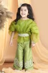 Shop_The little celebs_Green Silk Embroidered Floral Pleated Sleeve Top And Pant Set _Online_at_Aza_Fashions