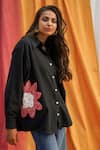 Buy_Jodi_Black Handloom Cotton Applique Floral Collar Neck Kokum Bloom Shirt  _at_Aza_Fashions