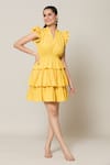 Buy_Samyukta Singhania_Yellow Derby Cotton Solid V Neck Amalfi Layered Short Dress _at_Aza_Fashions