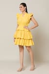 Shop_Samyukta Singhania_Yellow Derby Cotton Solid V Neck Amalfi Layered Short Dress _Online_at_Aza_Fashions