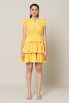 Samyukta Singhania_Yellow Derby Cotton Solid V Neck Amalfi Layered Short Dress _at_Aza_Fashions