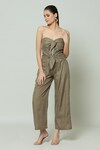 Buy_Naintara Bajaj_Brown Cotton Thread Sweetheart Duo Braided Straight Jumpsuit_Online_at_Aza_Fashions