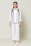 Naintara Bajaj_White Cotton Stripe Monochrome Captain Contrast Detailed Shirt With Pant_Online_at_Aza_Fashions