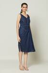 Samyukta Singhania_Blue Cotton Embroidery V-neck Moulin Rouge Drape Short Dress _Online_at_Aza_Fashions