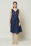 Samyukta Singhania_Blue Cotton Embroidery V-neck Moulin Rouge Drape Short Dress _at_Aza_Fashions