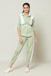 Buy_Samyukta Singhania_Green Cotton Collared Contrast Pannel Shirt With Pant _at_Aza_Fashions