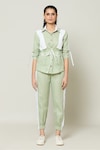 Naintara Bajaj_Green Cotton Collared Contrast Pannel Shirt With Pant_at_Aza_Fashions