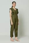 Samyukta Singhania_Green Cotton Square Palm Spring Pleat Detailed Jumpsuit _Online_at_Aza_Fashions