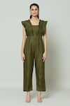 Samyukta Singhania_Green Cotton Square Palm Spring Pleat Detailed Jumpsuit _at_Aza_Fashions