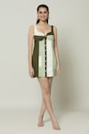 Buy_Naintara Bajaj_Green Cotton Sweetheart Color Block Short Dress_at_Aza_Fashions