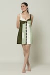 Buy_Naintara Bajaj_Green Cotton Sweetheart Color Block Short Dress_Online_at_Aza_Fashions