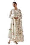 Shop_Label Earthen_Ivory Cotton Embroidery, Mirrors Round Neck Floral Anarkali Pant Set _at_Aza_Fashions