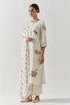 Buy_Label Earthen_Ivory Cotton Embroidery Round Neck Floral Kurta Pant Set _Online_at_Aza_Fashions