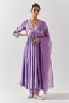 Buy_Label Earthen_Purple Cotton, Chiffon Embroidery V-neck Floral Yoke Anarkali Pant Set _at_Aza_Fashions