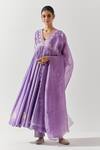 Buy_Label Earthen_Purple Cotton, Chiffon Embroidery V-neck Floral Yoke Anarkali Pant Set _Online_at_Aza_Fashions