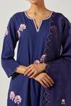 Label Earthen_Blue Cotton Embroidery Split V-neck Floral Bloom Kurta With Pant _at_Aza_Fashions