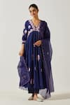 Buy_Label Earthen_Blue Cotton Mal Embroidery Floral V Flower Bloom Anarkali With Pant  _at_Aza_Fashions